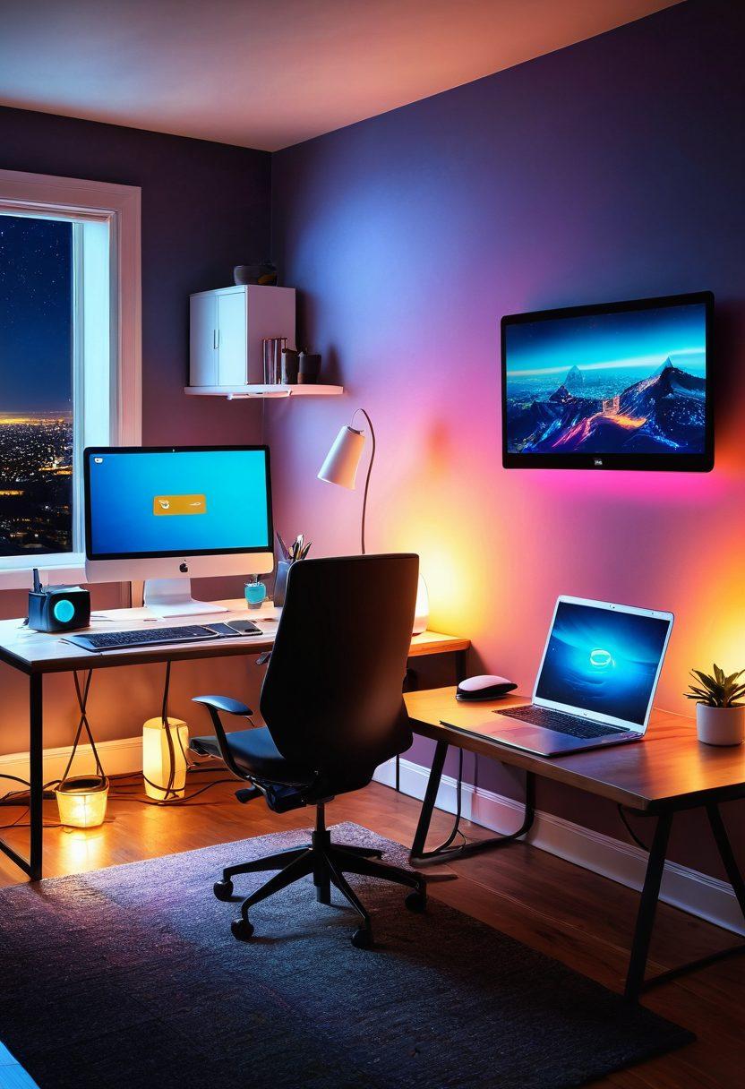 A seamless transition from a cozy home setting to a sleek, modern enterprise office, both connected through vibrant, glowing wireless nodes, symbolizing open-source firmware. Include devices like routers, laptops, and smartphones seamlessly integrated and communicating. futuristic, vibrant colors, super-realistic.
