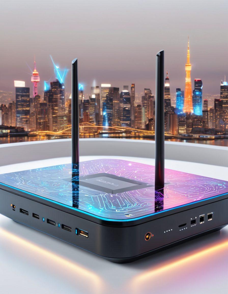 A futuristic wireless router with glowing circuit patterns, connected to dynamic, holographic network grids, symbolizing cutting-edge technology and custom firmware. Show diverse devices seamlessly interacting with the network. Include a backdrop of high-tech cityscape to enhance the concept of wireless freedom. super-realistic. vibrant colors. white background.